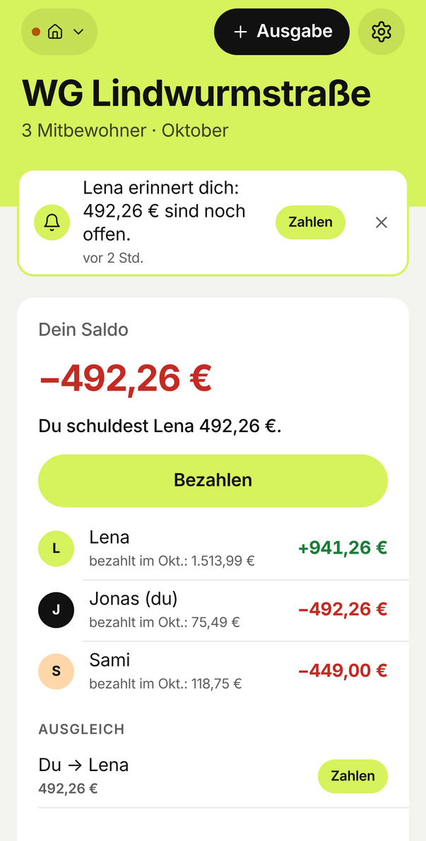 Slashpot mit Beispielgruppe: Saldo, Ausgaben und Ausgleich auf dem Handy